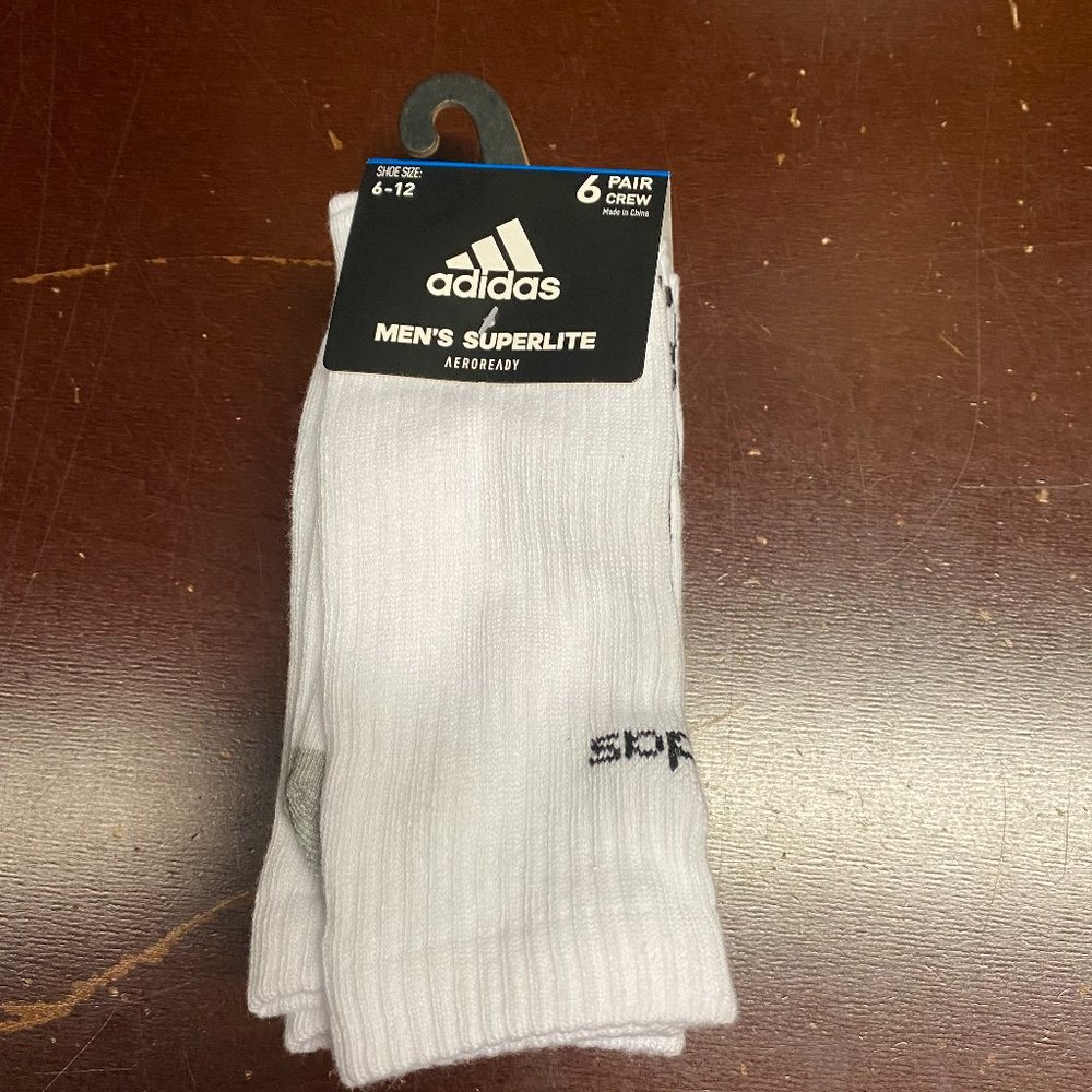 Adidas Mens White Superlite Aeroready 6 Pairs Comfort Crew Sock Shoe Size 6-12